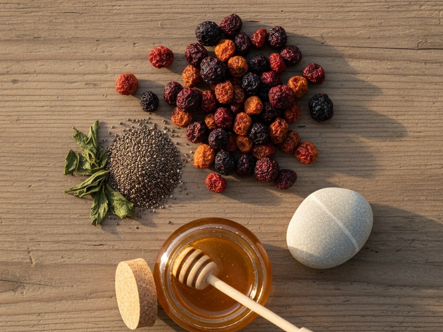 Variedad de hierbas naturales, tés e ingredientes orgánicos dispuestos estéticamente sobre una mesa de madera, simbolizando el bienestar y la salud.