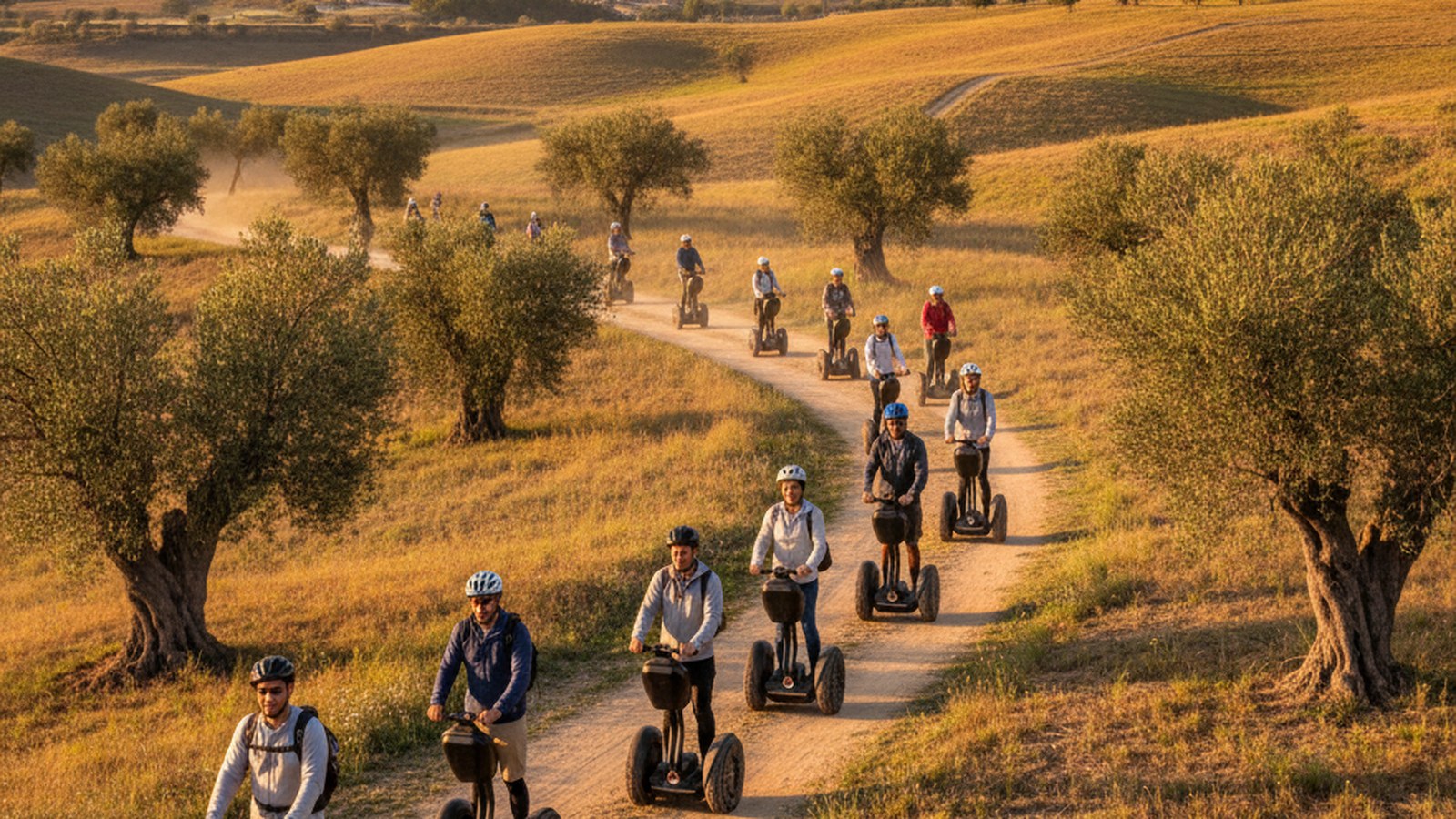 Grupo de personas sonriendo y montando Segways en un sendero natural con vegetación exuberante en Zaragoza.
